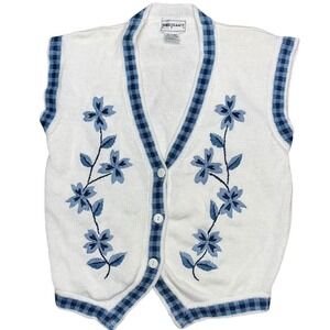 Vintage | LORD ISAACS | Womens Large | White Blue Floral Button Up Knit Vest